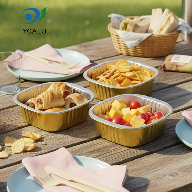 Jednorazové štvorcové zlaté hliníkové fóliové nádoby